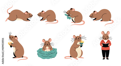 Collection of cute cartoon mice animals depicting various activities and expressions