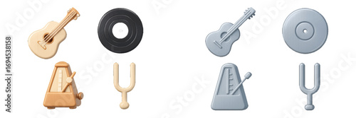 Stylized musical instruments and tools set featuring guitar, metronome, tuning fork, and vinyl record in two distinct color variations