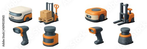 Collection of advanced logistics and warehouse automation technology featuring autonomous robots, forklifts, and barcode scanners