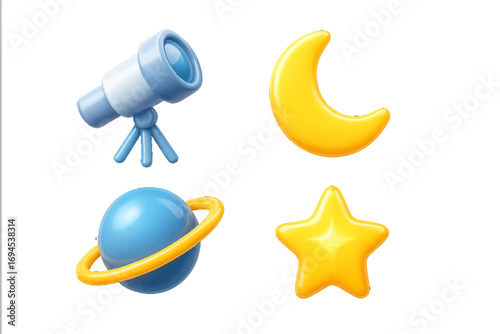 Glossy space and astronomy elements featuring a telescope, crescent moon, ringed planet, and shining star