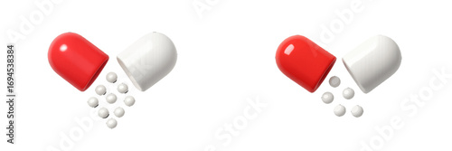 Open red and white medical capsule with small white spherical beads spilling out, symbolizing pharmaceutical dosage and health treatment