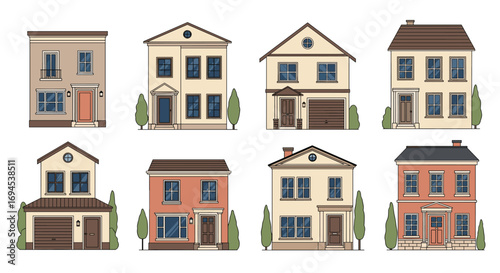 Collection of eight diverse pixel art style residential buildings and houses