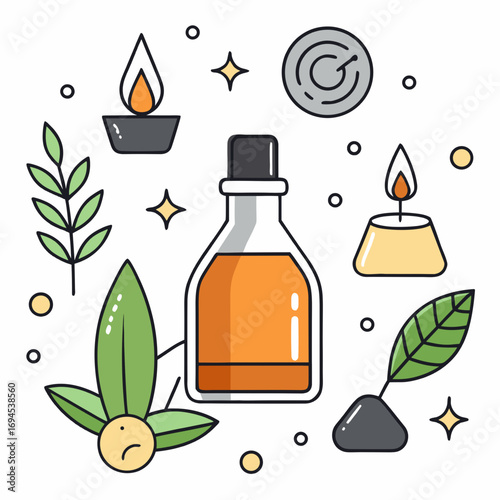 Essential oil bottle with leaves and candles in colorful design  