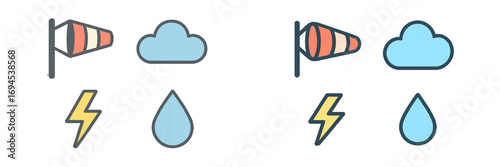 Vibrant weather forecast symbols including windsock, cloud, lightning bolt, and rain drop for meteorology and design