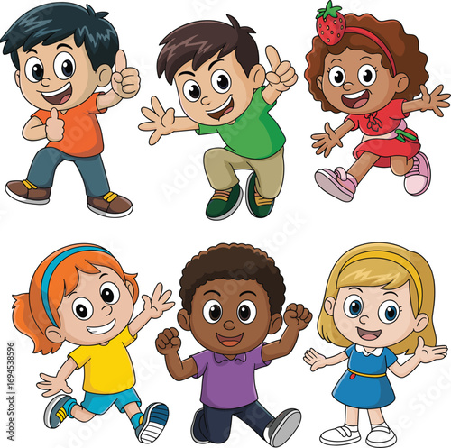 Cartoon children in playful poses, diverse group illustration with colorful outfits, cheerful character set, inclusive kids design, happy expressions, joyful childhood moment art