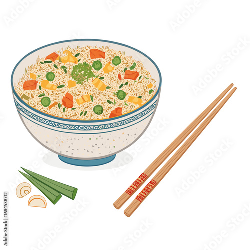 Bowl of fried rice with vegetables and chopsticks on white background  