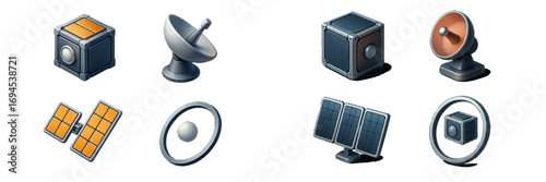 Advanced space technology featuring satellite dishes, solar panels, and communication modules for communication and energy