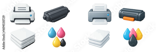 Modern office printing equipment and supplies collection featuring various printers, paper stacks, toner cartridge, and vibrant CMYK ink drops
