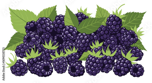 A generous heap of ripe blackberries with green leaves art