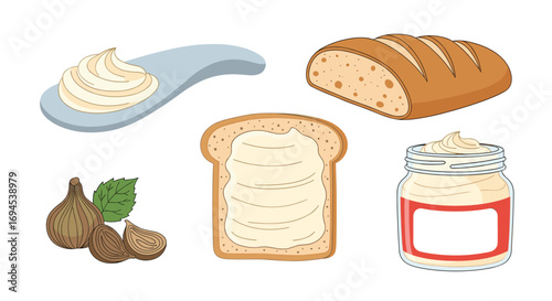 Delicious creamy spread toasted bread fruit ingredients and jar