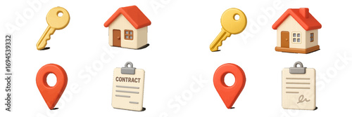 3D symbols for real estate and property management including house, golden key, contract document, and map pin