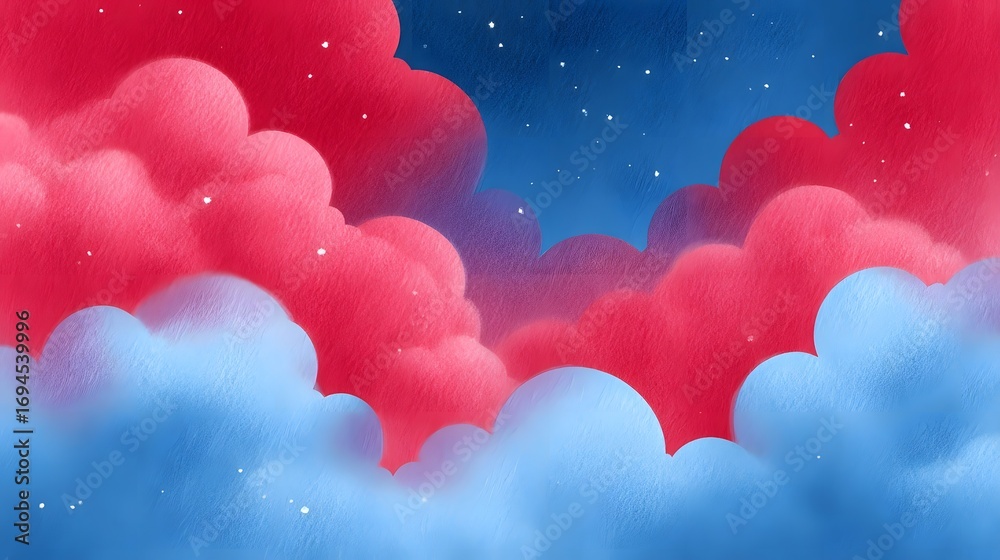 Obraz premium A surreal and enchanting night sky scene featuring vibrant pink clouds against a deep blue backdrop, dotted with twinkling stars that create a whimsical and captivating atmosphere.
