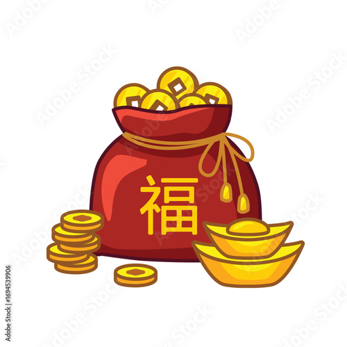 A traditional red lucky bag with the Chinese character for fortune, filled with gold coins and sycee ingots symbolizing wealth and prosperity