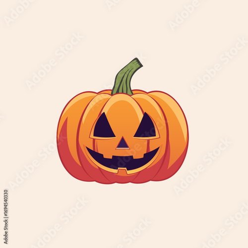Vibrant cartoon illustration of a classic Halloween Jack-o'-lantern with a spooky, carved grin. This festive orange pumpkin icon is isolated on a simple background, perfect for autumn holiday designs