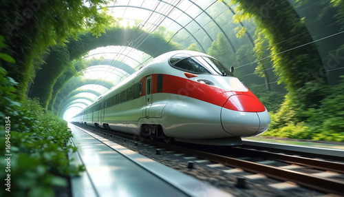 Futuristic high-speed train travels through green tunnel. Sleek white, red vehicle glides on rail tracks. Modern engineering, eco-friendly transport innovation merge nature, technology for efficient