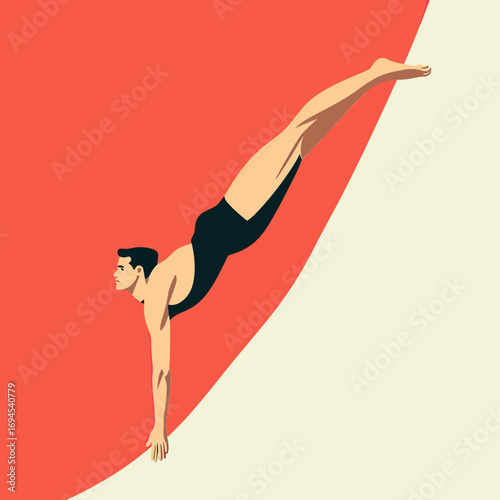 Minimalist vintage style vector illustration of male athlete diving in black swimsuit against red and cream background showing dynamic posture and motion