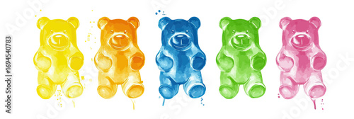 Row of colorful gummy bears in yellow orange blue green and pink digital watercolor style flat minimalist vector illustration on white background