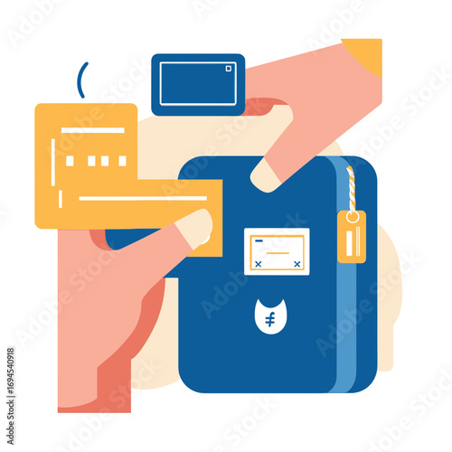 Hands holding credit card and payment terminal for contactless secure transaction technology in modern cashless payment concept vector illustration