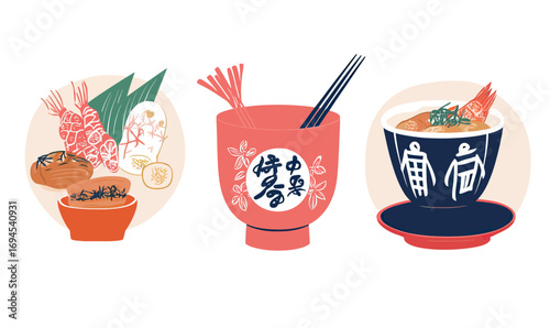 Illustration of traditional Japanese cuisine featuring seafood dishes with shrimp, rice, chopsticks, and decorative bowls in minimalist style