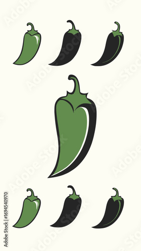 Set of six green jalapeno pepper icons with shadow effect minimal flat style spicy vegetable silhouettes vector illustration isolated on white background