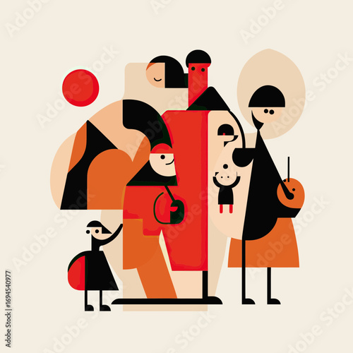 Abstract geometric family portrait with multiple generations in minimalist flat style using warm red black beige colors and simple shapes composition