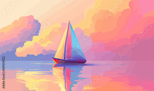 Colorful sailboat floating on calm reflective sea at vibrant sunset with bright clouds and peaceful sky minimalist vector illustration