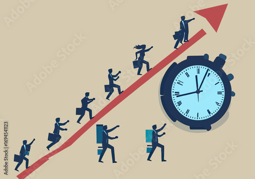 Business people climbing red upward arrow alongside large stopwatch clock symbolizing time management productivity efficiency and goal achievement in flat vector style