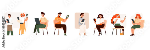 People using smartphones laptops tablets working remotely chatting communicating sitting standing diverse casual clothing modern flat vector illustration set