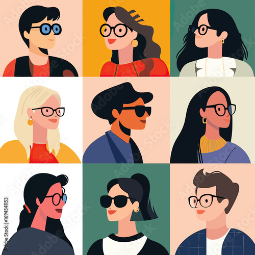 Diverse group of nine flat minimalist avatar portraits of people wearing glasses in colorful square backgrounds with modern style and fashion accessories