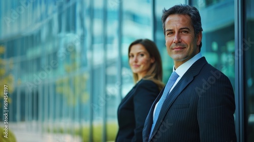Two business professionals standing in front of a modern glass building.