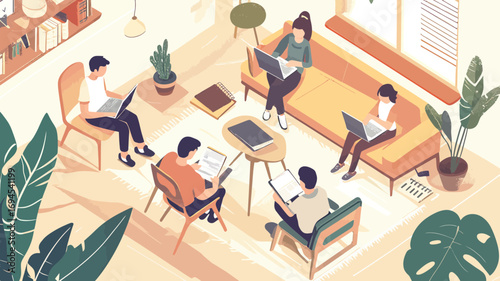 Top view group of students studying together at home with laptops, books, digital devices, and plants in cozy living room interior flat isometric illustration