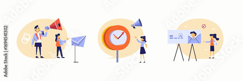 Business people communicating marketing messages with megaphones, sending email promotions, analyzing data charts with digital interfaces in flat vector style