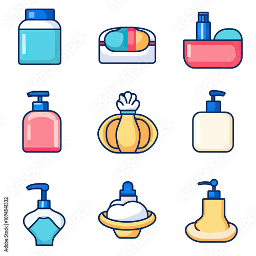 Set of nine flat minimalist vector hygiene icons featuring liquid soap dispensers, cream jars, lotion bottles, pump containers, and foam soap in vibrant pastel colors with clean outlines