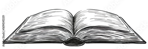 Open book illustration vintage engraving style detailed pages sketch black and white hand drawn vector design educational literature concept