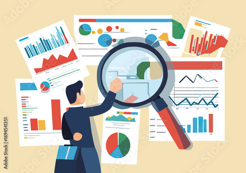 Businessman analyzing financial charts and graphs with magnifying glass on data reports for market research and statistics insight concept vector illustration