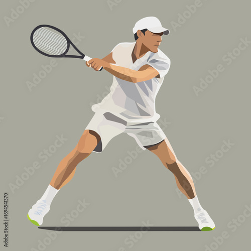 Male tennis player in white sportswear hitting backhand shot with racket minimalist flat vector illustration