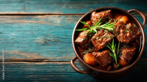 An appetizing bowl of hearty beef stew featuring tender chunks of meat and fresh vegetables represents comfort food, perfect for a cozy gathering or family dinner.