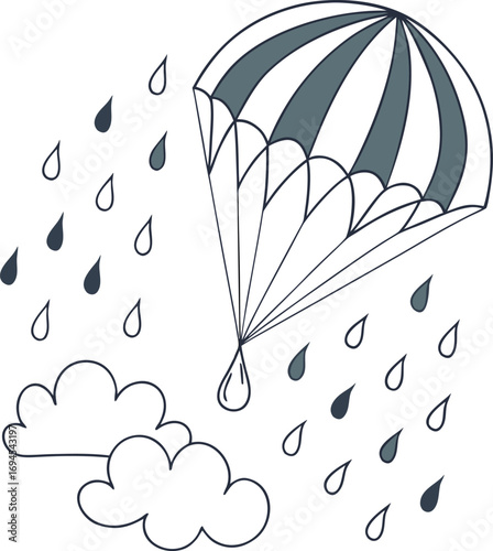 An autumn rain storm with cartoon drops on a window and a blue umbrella symbol