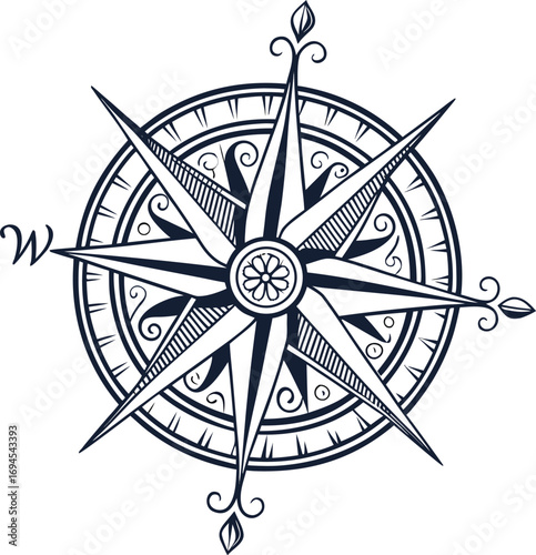 A vector illustration of a vintage compass rose, a nautical map navigation symbol showing the four cardinal directions and wind directions