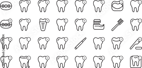 Collection of 40 precise linear icons depicting dental treatments including braces, dental implants, cavity repair, dental hygiene tools, gum care, mouth rinses, whitening procedures, crowns
