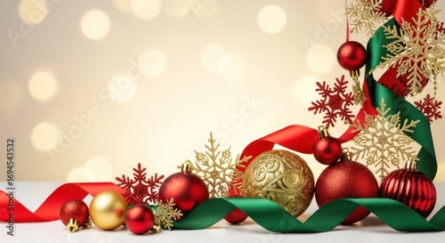 Festive Christmas decorations with ribbons and ornaments on a white surface