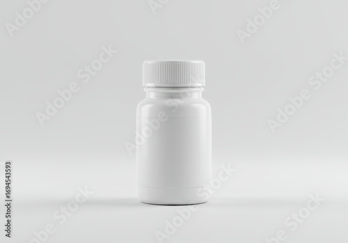 A blank, white plastic pill bottle is centered on a plain, light gray background.