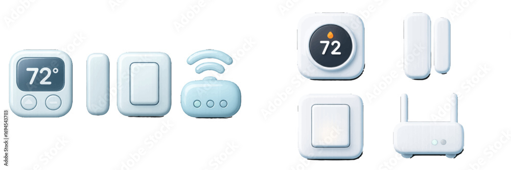 Modern smart home technology with digital thermostat, door sensor, light switch, and wireless router Modern smart home technology with digital thermostat, door sensor, light switch, and wireless router