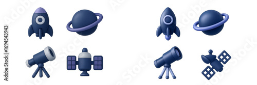 Set of stylized space exploration elements including rockets, planets, telescopes, and satellites for cosmic themes