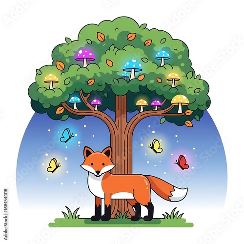 Fox by glowing mushroom tree.