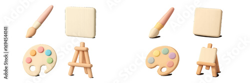 Artistic tools collection with paintbrushes, color palettes, easels, and blank canvases in a soft, rounded style