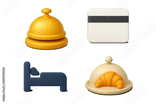 Hotel and hospitality service icons featuring reception bell, key card, bed, and breakfast croissant for travel and accommodation designs