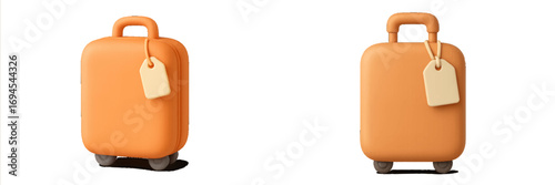 Bright orange travel suitcases with blank luggage tags for holiday trips, journey planning, and global adventures