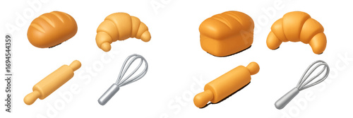 Bakery and baking tools set with various bread loaves, croissants, rolling pins, and whisks for cooking