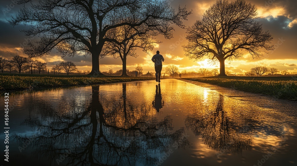 Fototapeta premium Runner in park at sunset, reflected in puddle, golden hour